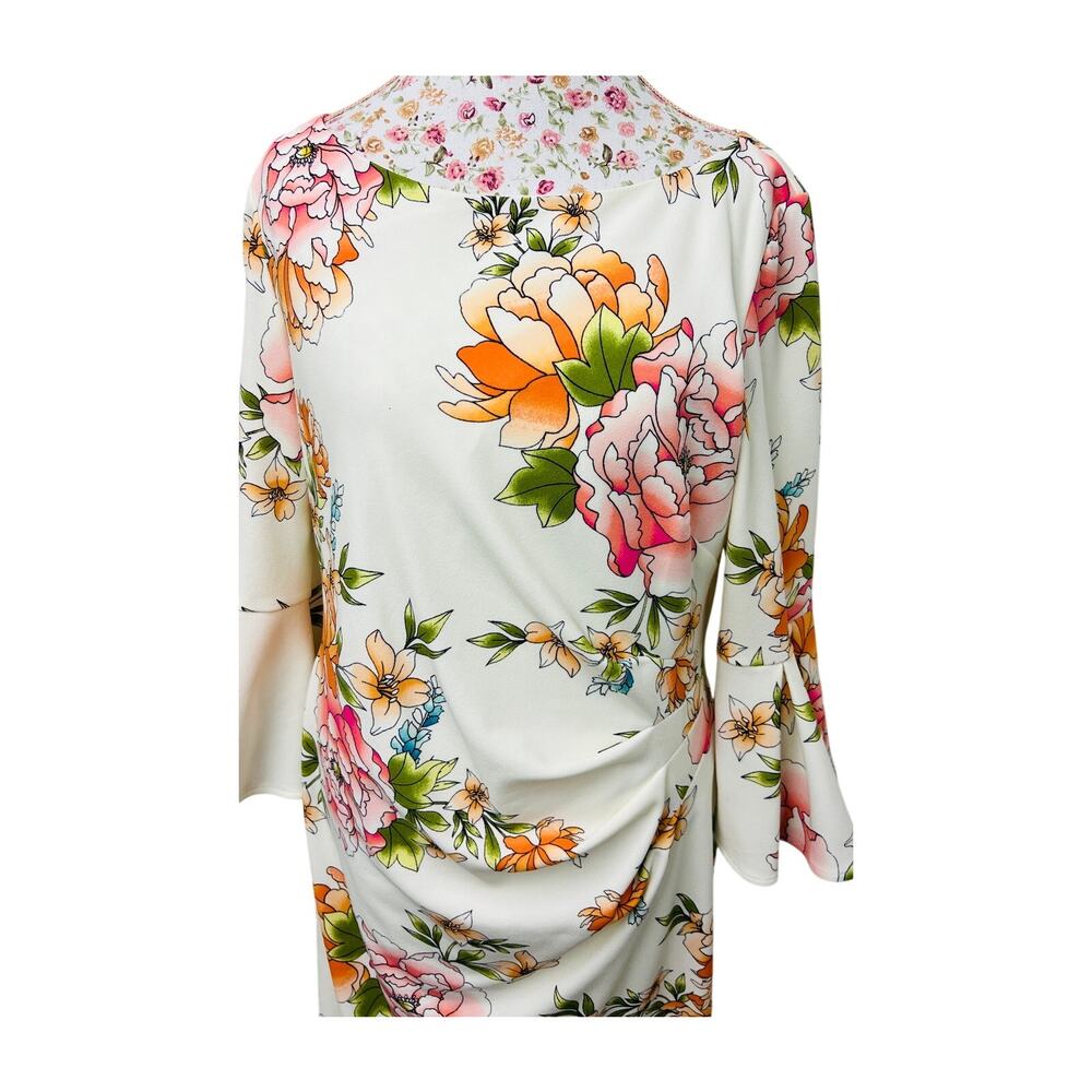 🌸 Jessica Howard Floral Bell Sleeve Dress 16 White Ruched Stretch Midi - Picture 2 of 4